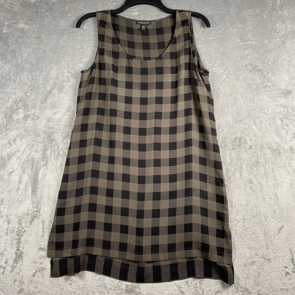 Eileen‎ Fisher Tunic Womens Sz M Petite Brown Black Silk Plaid Check Sleeveless